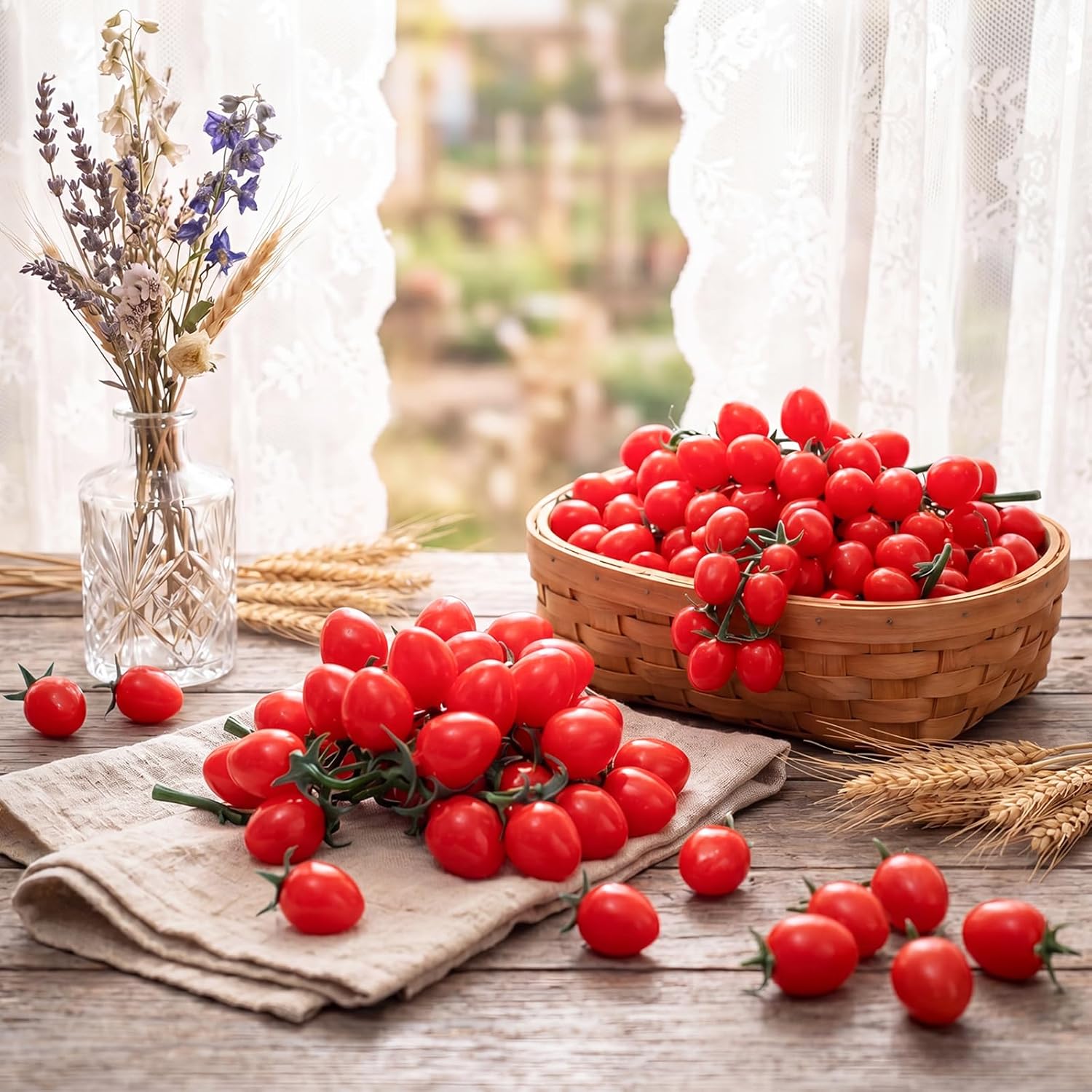 Ripeng 10 Pack Artificial Cherry Tomatoes 7.09" Long Artificial Fruit Lifelike Simulation Tomato Red Tomatoes Decoration Fake Tomato Faux Fruit Fake Vegetables Props for Home Kitchen Cabinet Decor