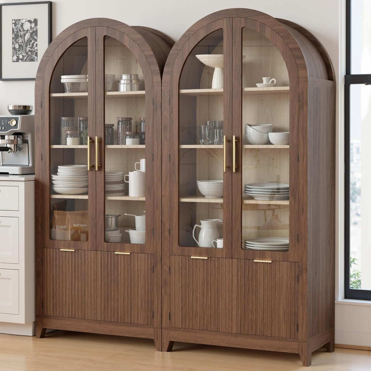win2win Tall Arched Cabinet with Glass Doors, 69" Pantry Storage Cabinets with Fluted Doors & Adjustable Shelves, Mid Century Modern Wood Display Bookcase for Kitchen, Living Room, Bathroom, Walnut