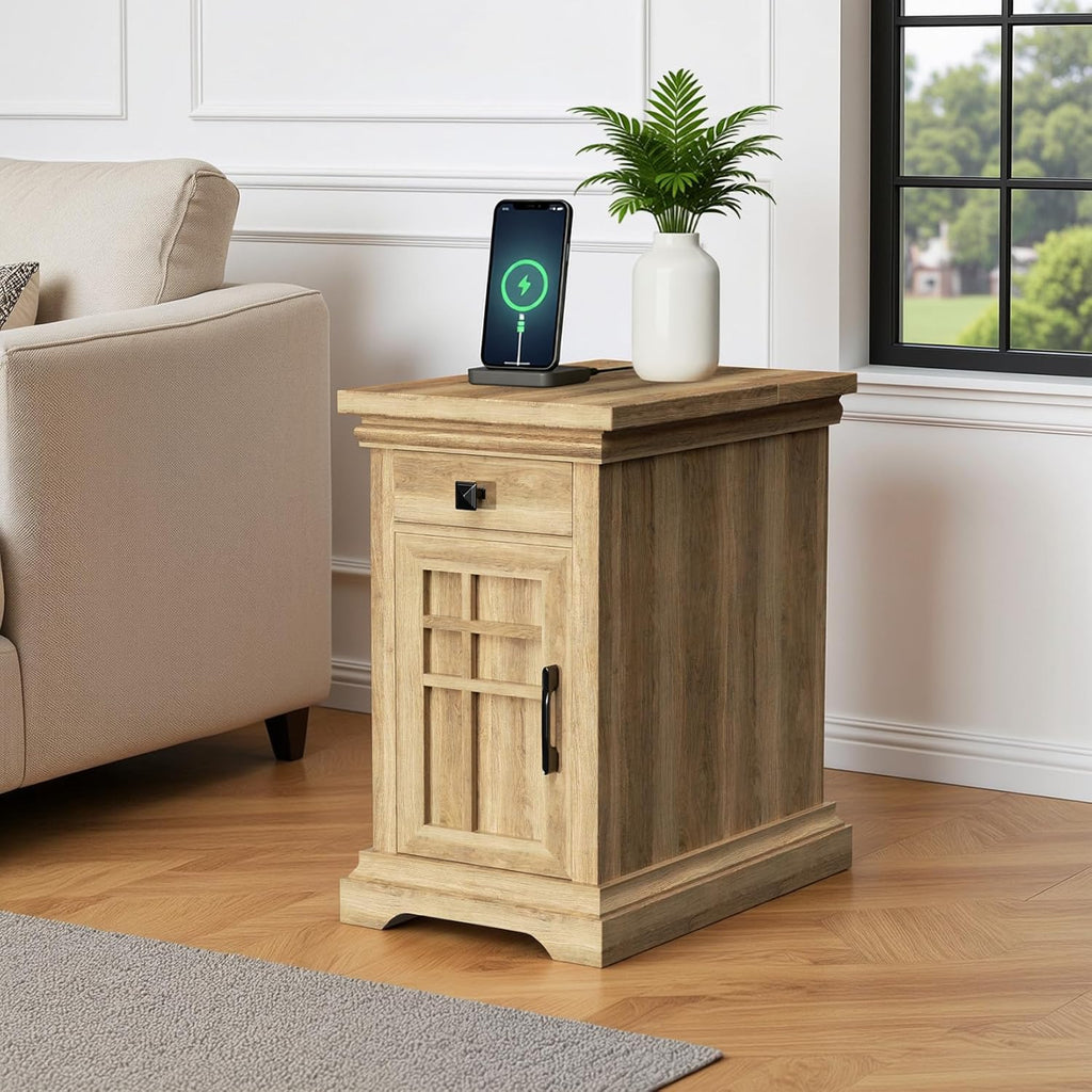 Farmhouse End Table with Charging Station, Rustic Wooden Nightstand with USB Ports and Outlets, Storage Drawer and Cabinet, Narrow Side Table for Living Room, Natural