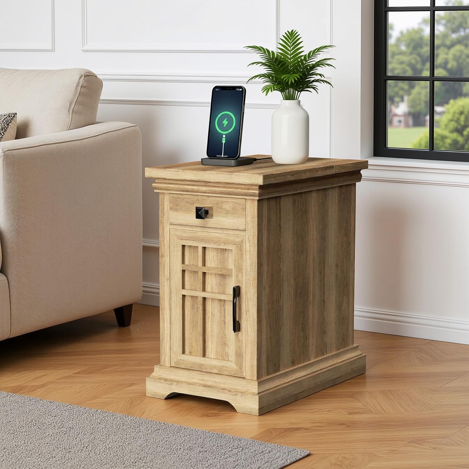 Farmhouse End Table with Charging Station, Rustic Wooden Nightstand with USB Ports and Outlets, Storage Drawer and Cabinet, Narrow Side Table for Living Room, Natural