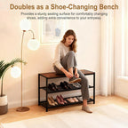 DUMOS 3-Tier Shoe Bench with Storage, Industrial Entryway Sturdy Shoe Rack Organizer Bench with Mesh Shelves for Entryway, Hallway & Living Room, Easy Assembly, Brown and Black