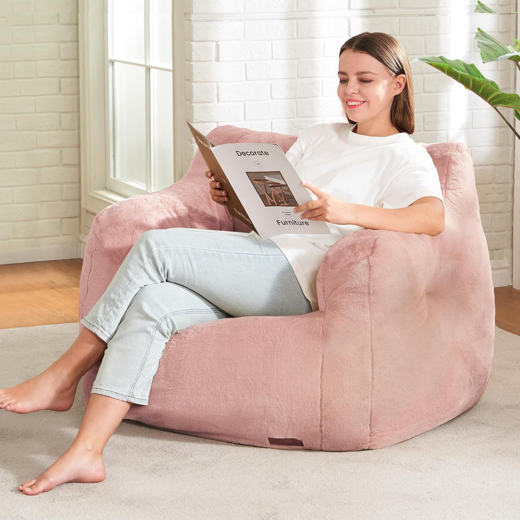 Hobestluk Furry Bean Bag Chair with Arms, Foam Filler for Adult, Pink | Soft Faux Fur Cover, High-Density Resilient Foam, Wide Backrest & Arm-rest, Carrying Handle, Fits Small Spaces, No Assembly
