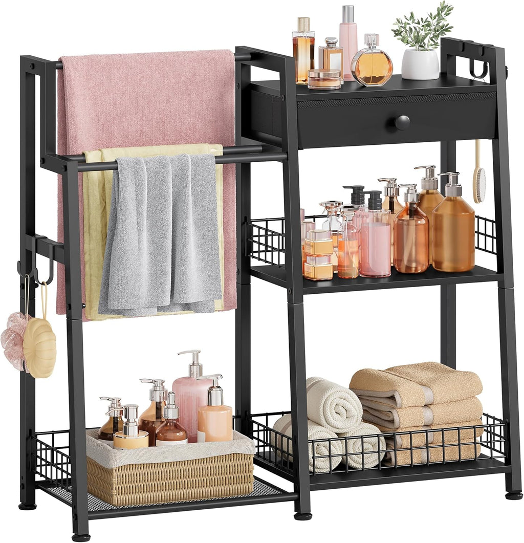 Gewudraw 2-in-1 Bathroom Ladder Shelf, 3-Tier Freestanding Towel Shelf with Drawer & Hooks, Storage Organizer for Bathroom, Laundry Room, Living Room, Balcony, Black