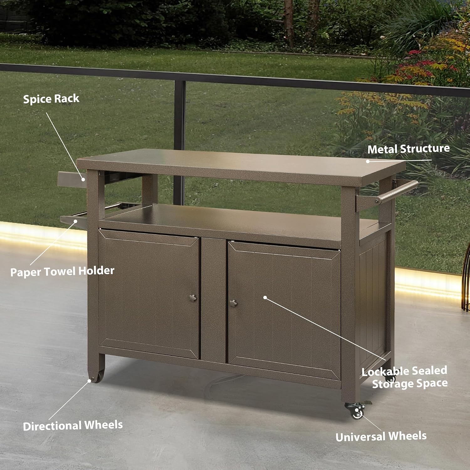 52" Anti-Rust Metal Garden Table for Planting, Planter Bench with Layered Shelves, Outdoor Storage Cabinets with Flexible Wheels for Patio Cooking and Gardening, Brown