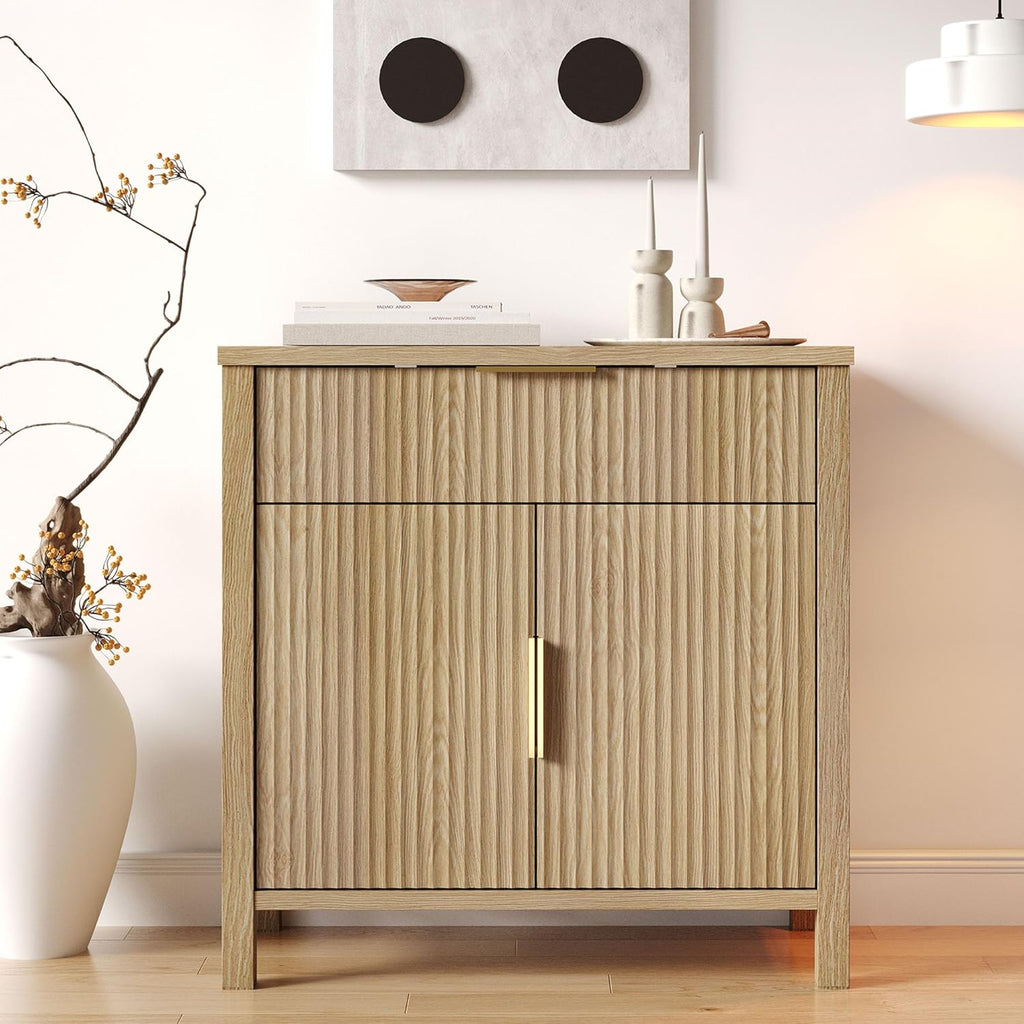 Fluted 55'' Sideboard Cabinet with Drawers,Large Storage Buffet 4 Doors and 2 Drawers Coffee Bar Console Table Storage for Dinning Room, Kitchen, Living Room (WOOD-32'')