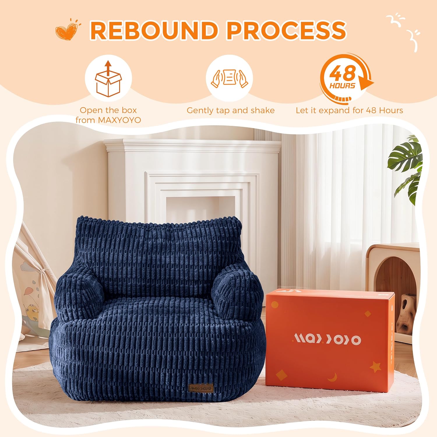 MAXYOYO Bean Bag Chair for Kids, Toddler Bean Bag Sofa with Armrest, Comfy Lazy Chair with Convenient Pockets, Floor Sofa with Filler for Gaming, Reading, Navy