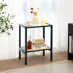 2-Tier Bamboo Side Table, Modern Glasstop Rattan Side Table, Mid Century Wood Sofa-Side End Tables for Living Room, Bedroom Night Stand with Storage, Small Narrow Coffee Tables, Black