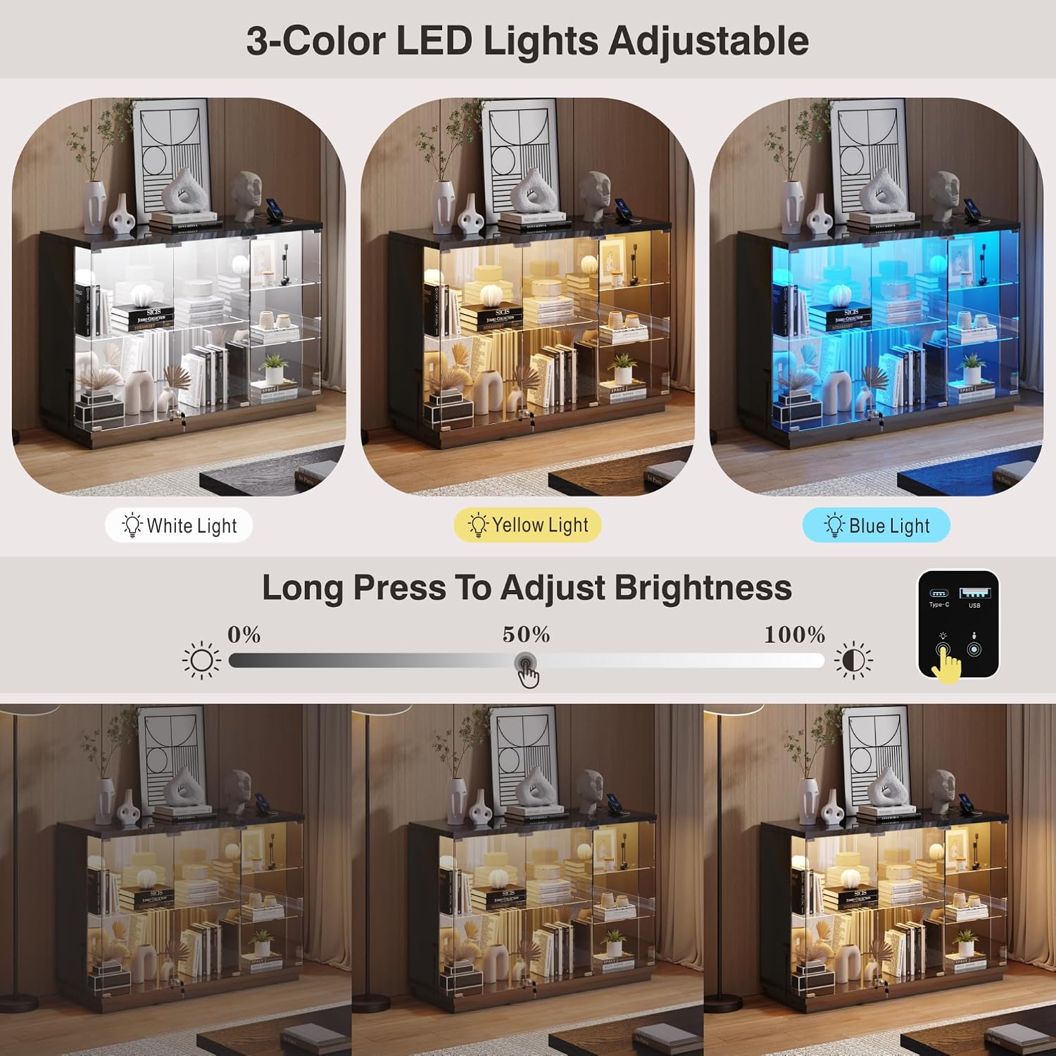 High Gloss Glass Display Cabinet with Lock & LED Light for Toys, Black | Curio Cabinet with Human Body Sensor & Glass Shelves, Display Case for Toys, Books, Collectibles, Sideboard for Living Room