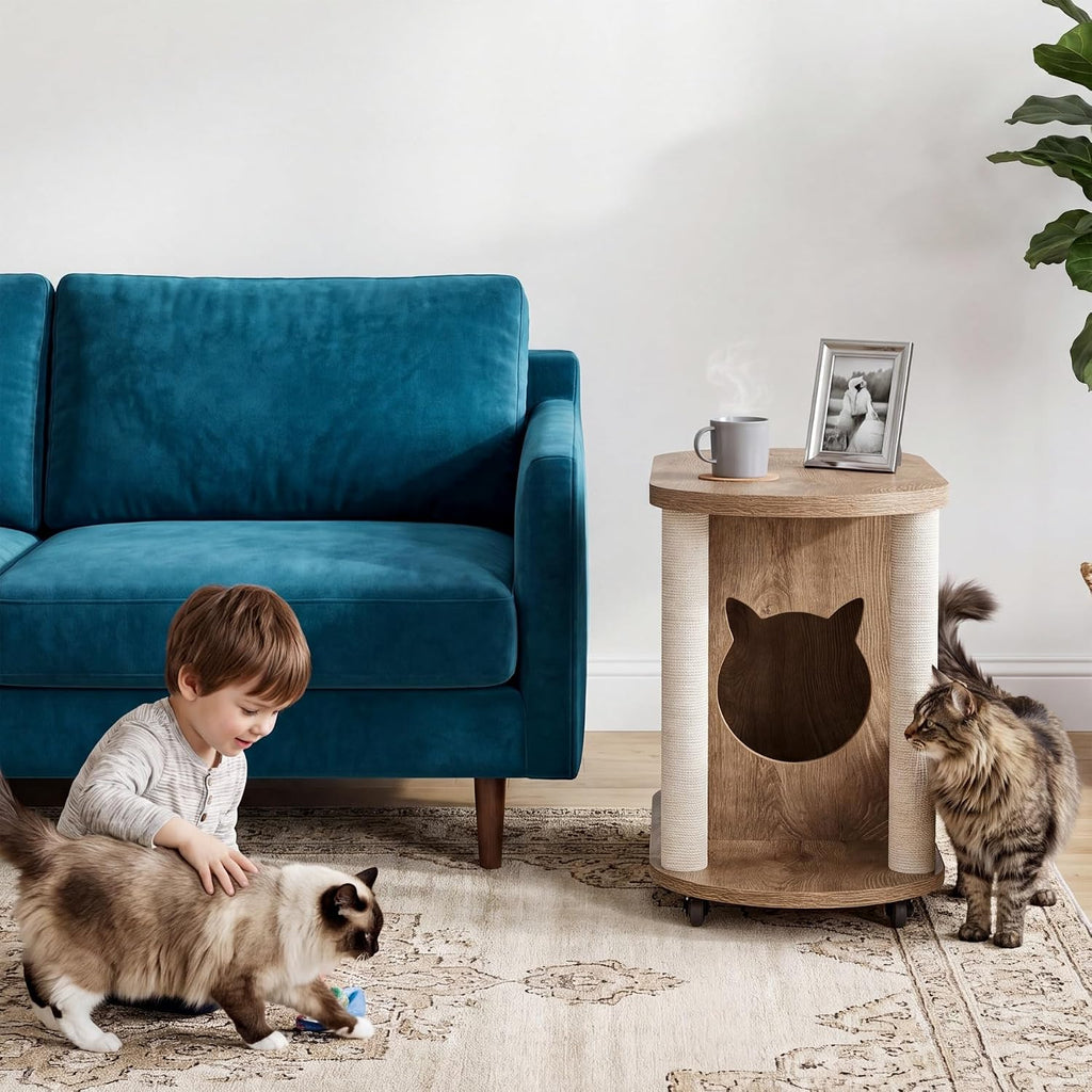 Tribesigns End Table, Sofa Side Table with Scratching Posts and Cat Bed | Oval, 360° Swivel Caster Wheels, Multifunctional Design, for Bedroom Living Room, White and Brown