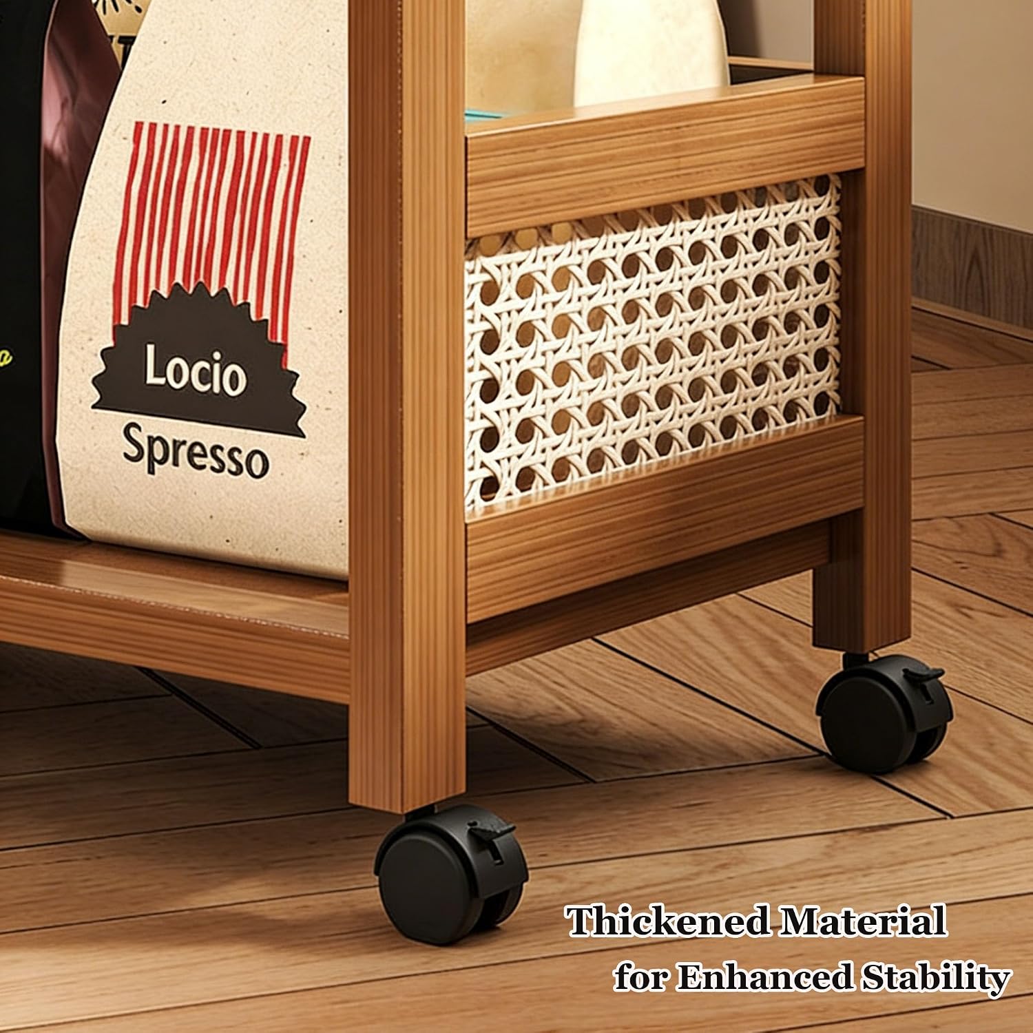 Rattan Side Table with Universal Wheels,Vintage Style Movable Coffee Table, Small Sofa End Table,for Living Room Kitchen Bar Bedroom Office Bathroom