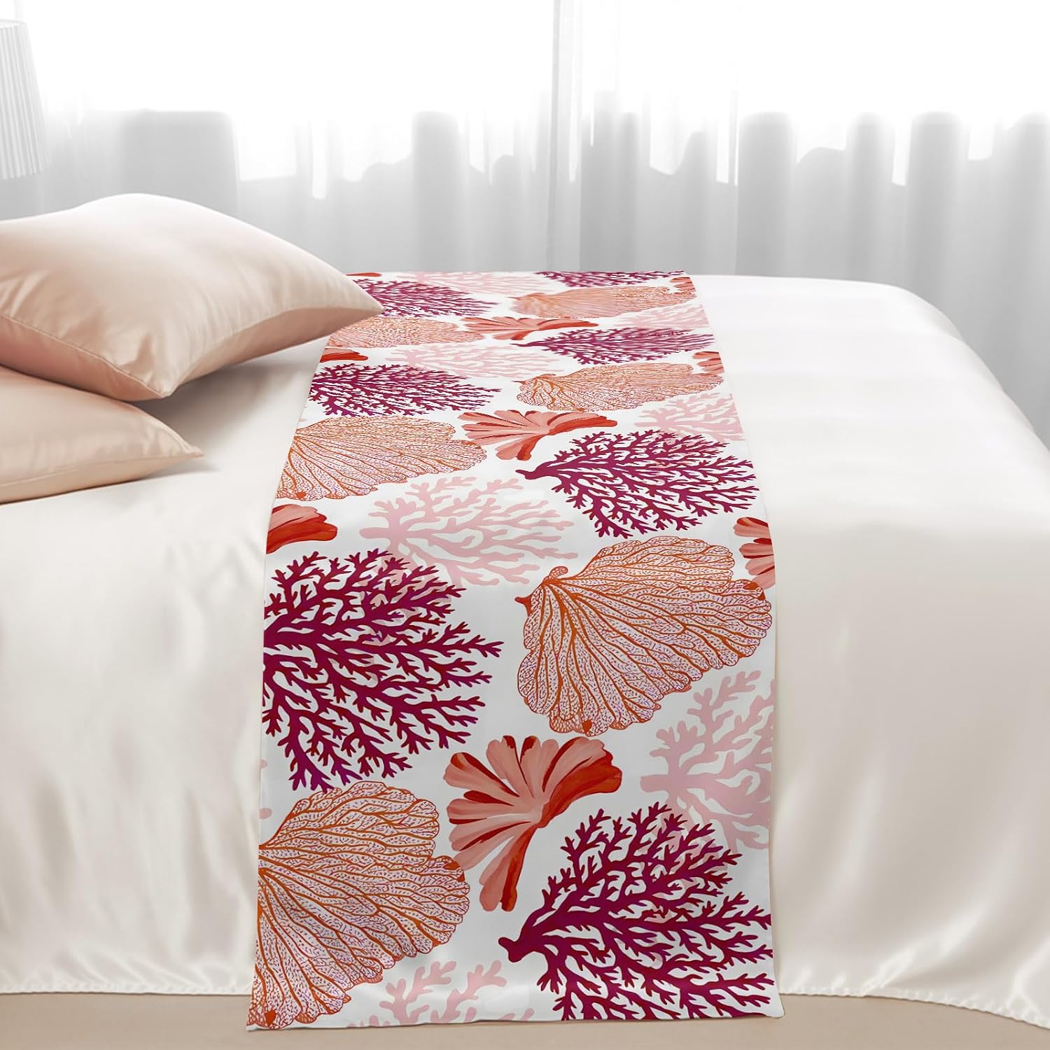 Red Orange Coastal Bed Runner Twin Size, Summer Coral Beach Nautical Bed Scarf Protector Slipcover for Bedroom Wedding Room Hotel, Bedding Runner Throws for Foot of Beds 71"x20"