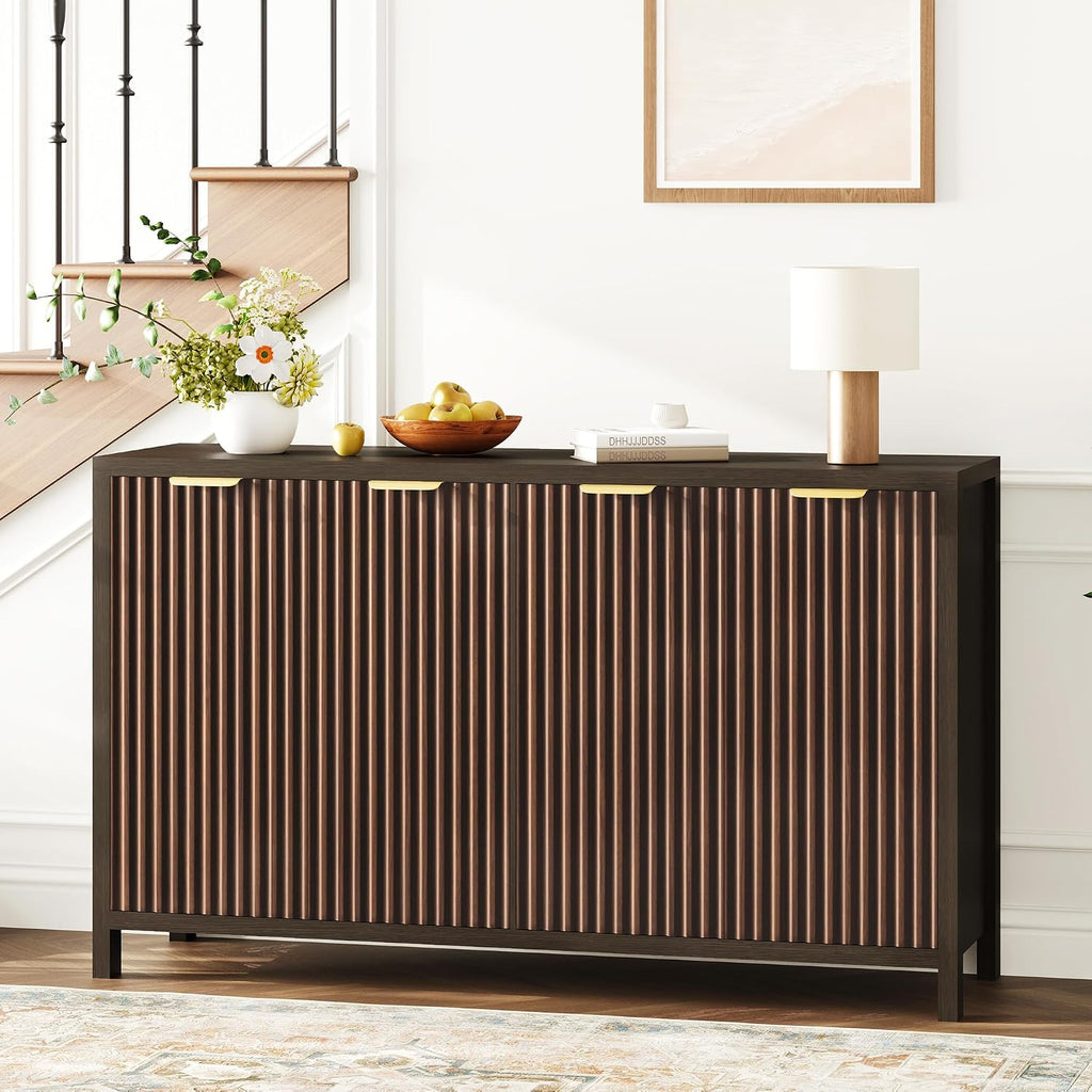 Fluted Buffet Cabinet with Storage, 55" Sideboard Cabinet with 4 Doors, Modern Credenza Accent Console Cabinet Coffee Bar Table for Living Room Dining Room Hallway, Dark Walnut