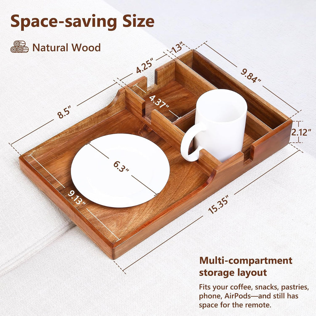Couch Insert Tray for Middle Seat, Acacia Wood Couch Table with 2 Cup Holders, Fits Armless Sofa & Sectionals, Fold-Flat Tray for Drinks, Snacks & Remotes