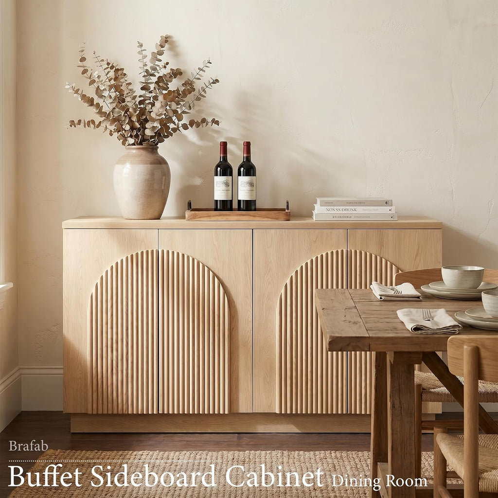 Brafab Modern 55" Fluted Wood Sideboard Buffet Cabinet with Storage/Natural | Hand-Pinned 3D Reeded 4-Door Facade, 2 Adjustable Shelves, Living Room TV Stand, Kitchen Buffet, Entryway Office Credenza