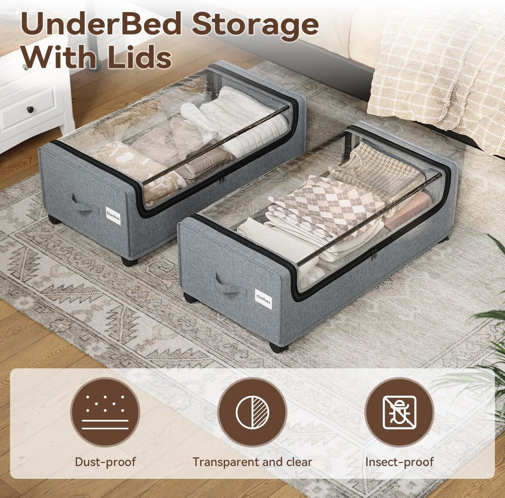 Under Bed Storage, Tall Size Under Bed Storage With Wheels, Under bed Shoe Storage, Metal Frame, 90L Capacity, Storage Drawers for Bedroom