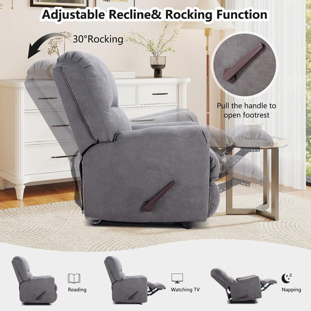 CANMOV Rocker Recliner Chair, Soft Fabric Manual Recliner Chair with Overstuffed Back and Arms, Single Sofa Nursery Rocking Chairs for Living Room, Grey