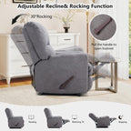 CANMOV Rocker Recliner Chair, Soft Fabric Manual Recliner Chair with Overstuffed Back and Arms, Single Sofa Nursery Rocking Chairs for Living Room, Grey