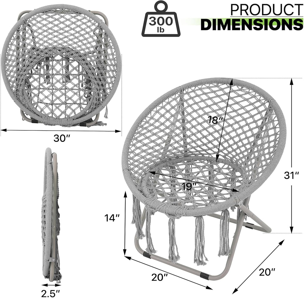 Magshion Boho Saucer Chair for Adults, Folding Chair with Tassels Cotton Rope Mesh, Cozy Moon Chair for Indoor Outdoor Home, Garden, Patio, Yard Decor and Relaxation (Grey, Set of 2)