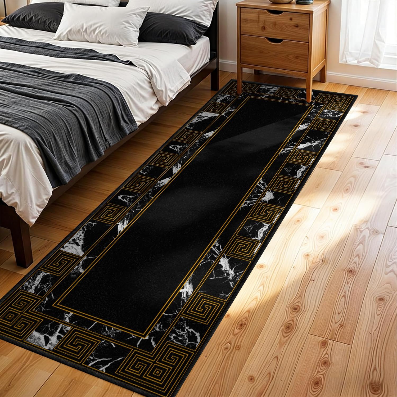 Elegant Black Runner Rug with Geometric Marble & Gold Greek Key Design, Low Pile Non-Slip Hallway Carpet, Washable Kitchen Floor Mat, for Living Room Bedroom Entryway Home Office Decor, 2' x 8'