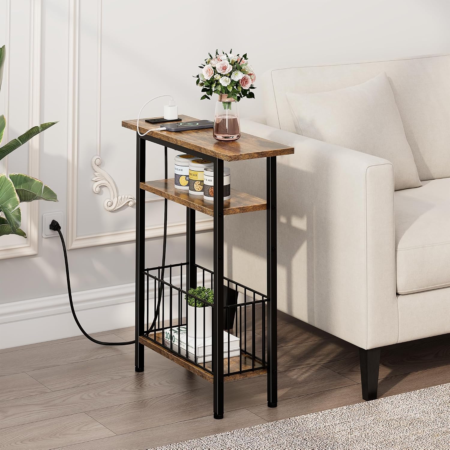 Vagusicc Narrow Side Table with Charging Station, 3-Tier Skinny Side End Table for Couch Sofa, Small End Side Tables for Small Spaces, 25.2" Tall Slim Nightstand for Living Room, Bedroom, Rustic Brown