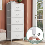 Crestlive Products Tall Dresser Vertical Storage Tower - Sturdy Steel Frame, Wood Top, Easy Pull Fabric Bins - Organizer Unit for Bedroom, Hallway, Entryway, Closets - 5 Drawers(White)