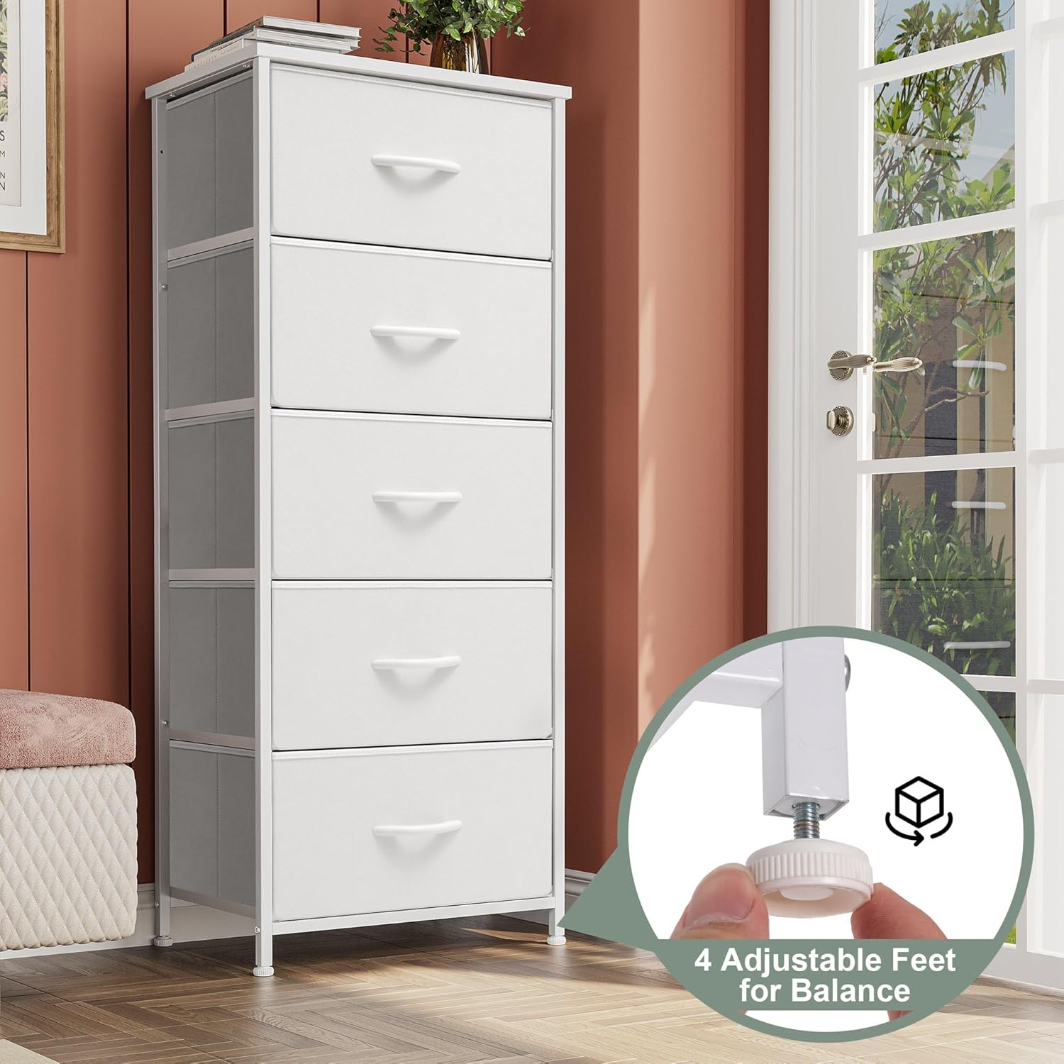 Crestlive Products Tall Dresser Vertical Storage Tower - Sturdy Steel Frame, Wood Top, Easy Pull Fabric Bins - Organizer Unit for Bedroom, Hallway, Entryway, Closets - 5 Drawers(White)