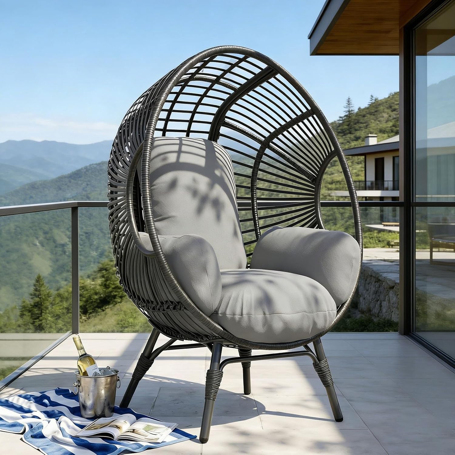 Egg Chair Wicker with Rust-Resistant Frame, 400lbs Capacity, 8-Inch Cushion, Indoor Outdoor Balcony Chairs(Black+Gray)