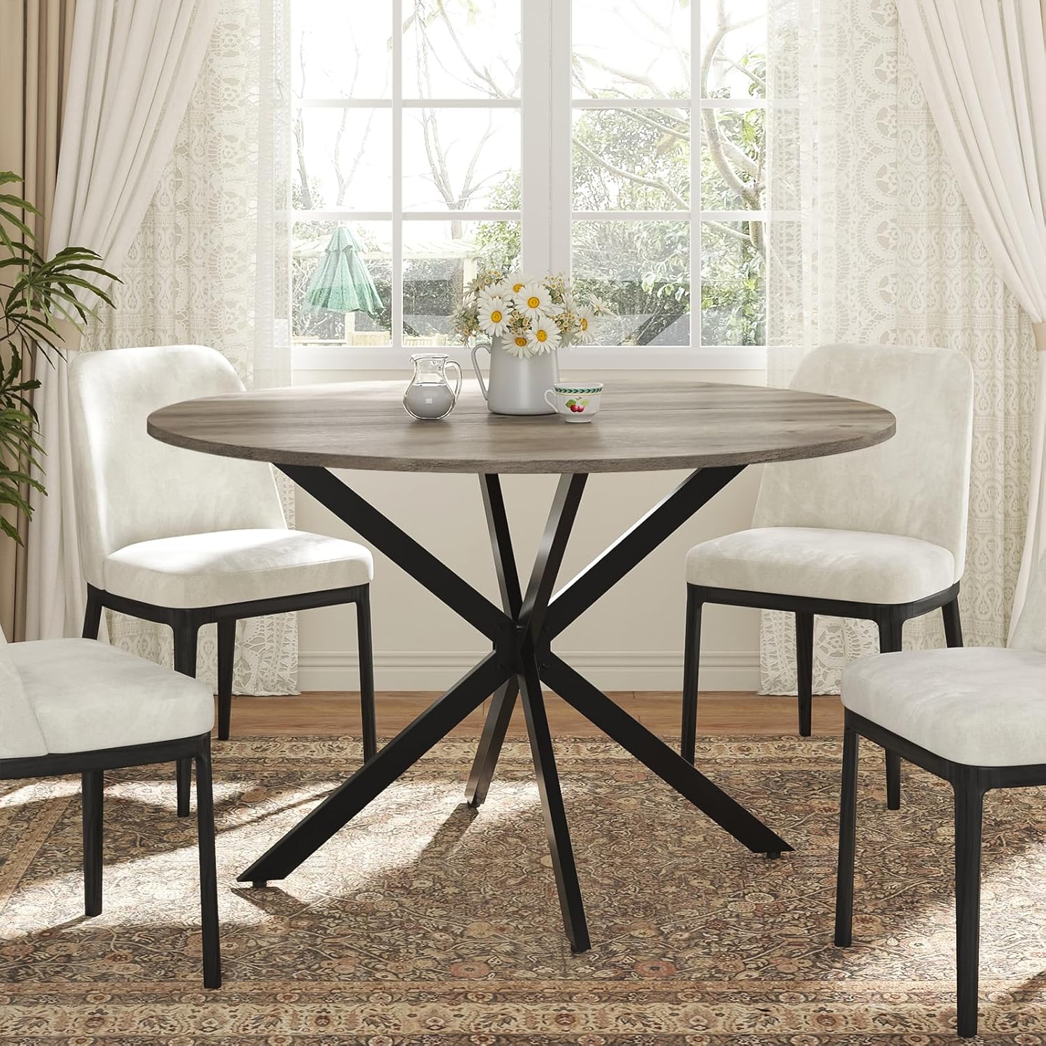 Unovivy 47 Inch Round Dining Table for 4, Space Saving Circle Dining Table with Pedestal Metal Frame, Farmhouse Wood Round Kitchen Table for Living & Dining Room, Light Ivory