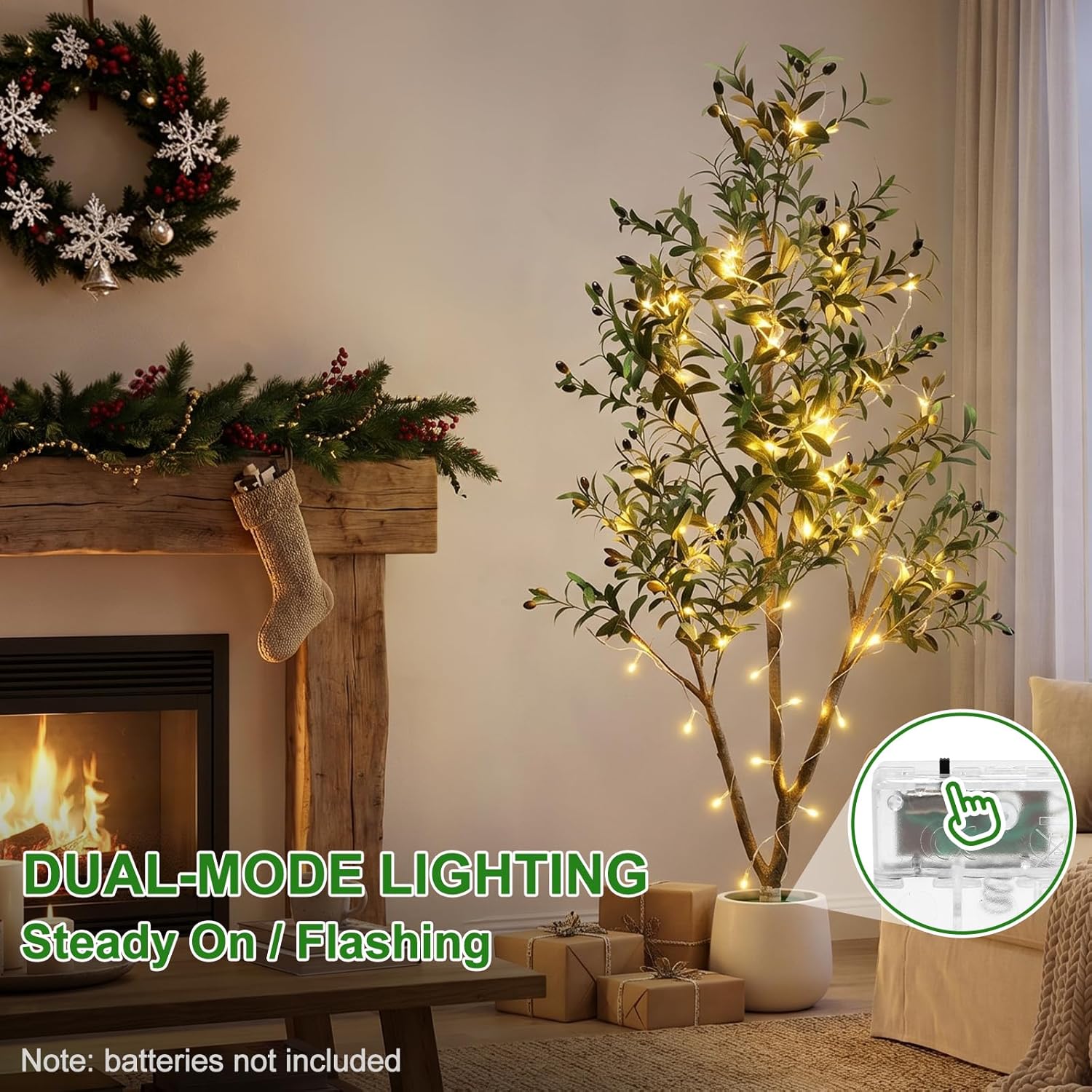 TNELTUEB 6FT Artificial Olive Tree Indoor with Lights & Planter, Realistic Faux Olive Trees with Lifelike Fruits for Living Room Decor, Tall Fake Silk Plants for Modern Home Office