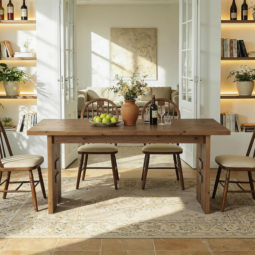 63-Inch Dining Table for 4-6, Solid Wood Kitchen Table with Large Tabletop and Heavy Duty Legs, Rectangular Farmhouse Eating Tables for Dining Room, Living Room, Rustic Brown