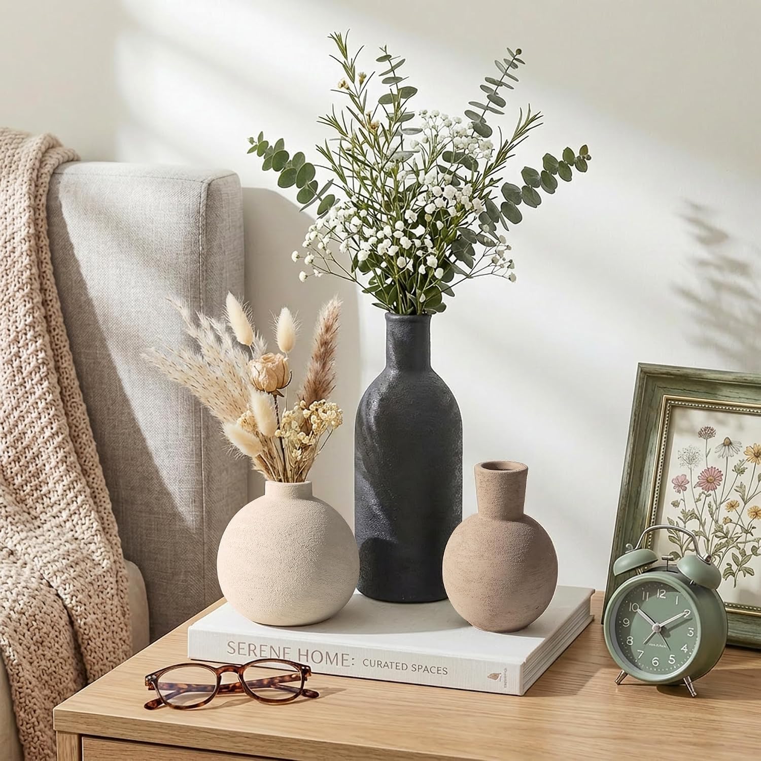 Ceramic Vase Set, Small Rustic Distressed Flower Vase in Pottery Decor, Modern Boho Farmhouse Decor for Pampa Grass, Dried & Fresh Flowers, Decorative Vase for Living Room, Kitchen, Entryway, Black