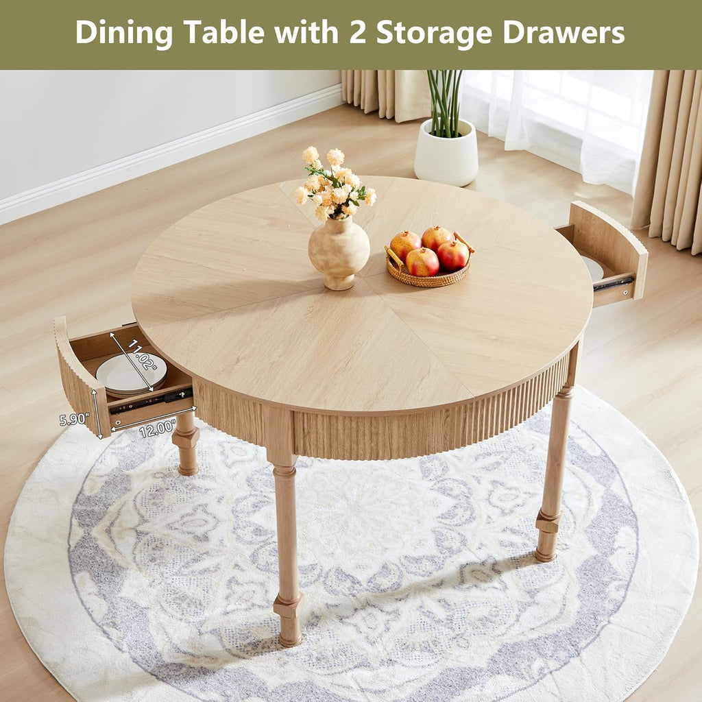 Fluted Round Dining Table for 4-6 People,47 Inches Dining Room Table with 2 Drawers,Modern Farmhouse Dinner Tables Circle Kitchen Tables with Wood Legs Base for Dining Room Kitchen Living Room,Natural