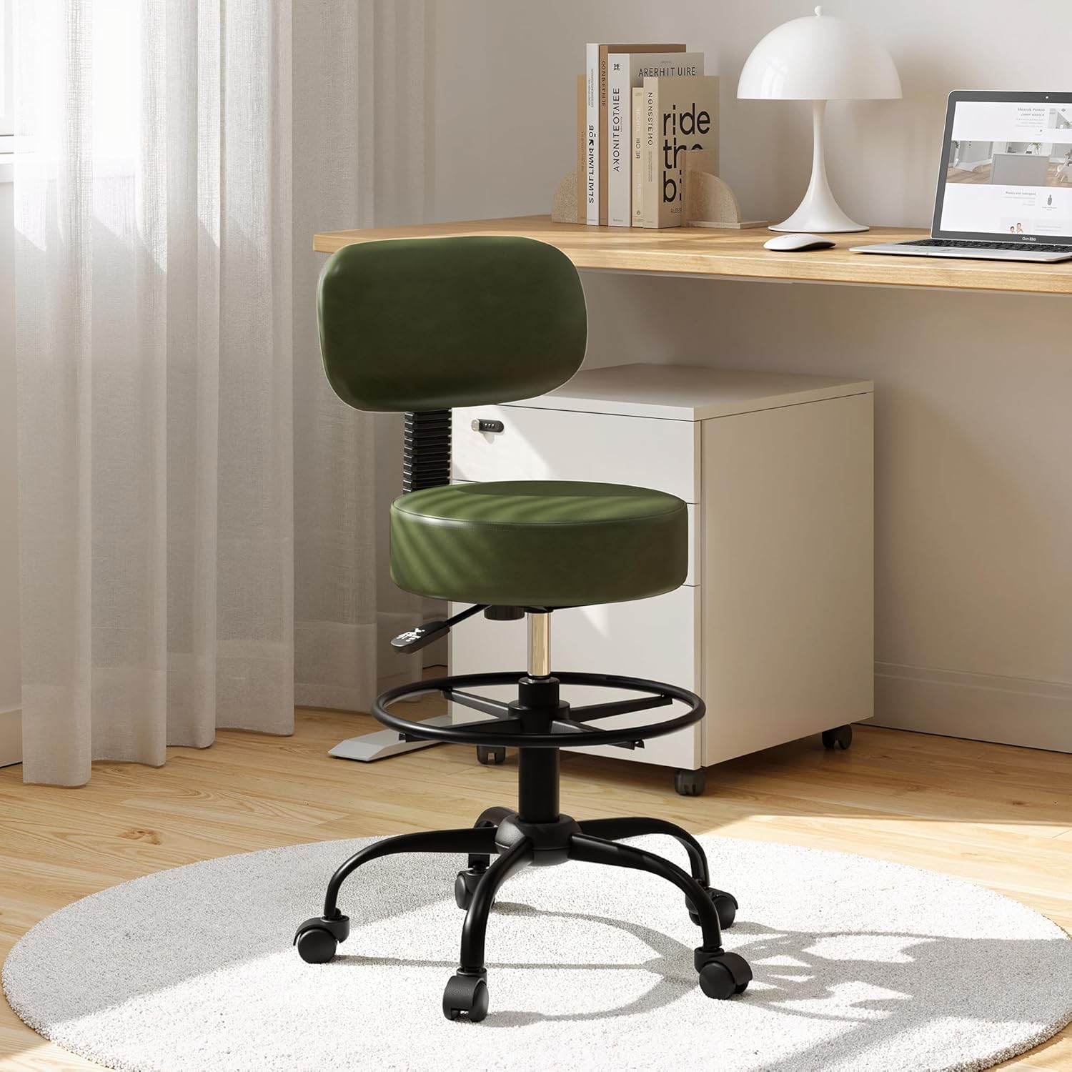 Drafting Chair with Back Support, Adjustable Foot Rest Rolling Stool, 360° Swivel Office Desk Chair with Wheels, Thick Seat Cushion for Home Bar Salon Tattoo Shop (1, Green)