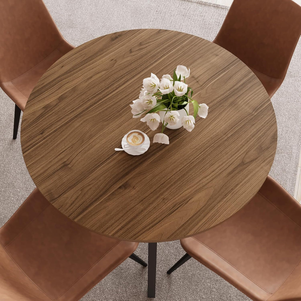 Zerifevni 34.6'' Dining Table and Chairs for 2, Mid Century Modern Round Table Set, Space Saving for Apartment Kitchen Dining Room (Walnut Table+2 Brown Chairs)