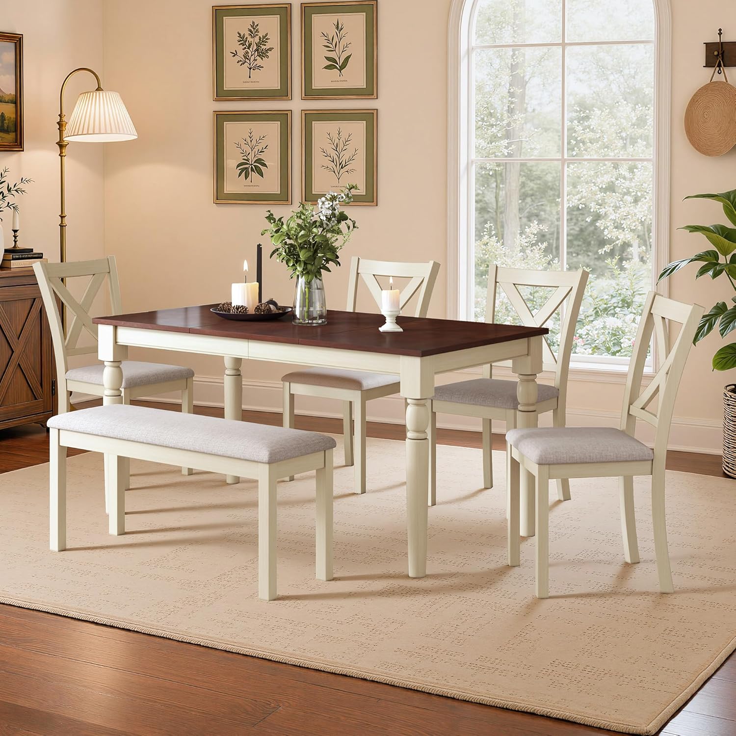 LUXOAK 60" Solid Wood Dining Table Set for 6, Farmhouse Kitchen Table with 4 Upholstered Chairs & Bench, 6-Piece Dining Room & Living Room Furniture, Cream White