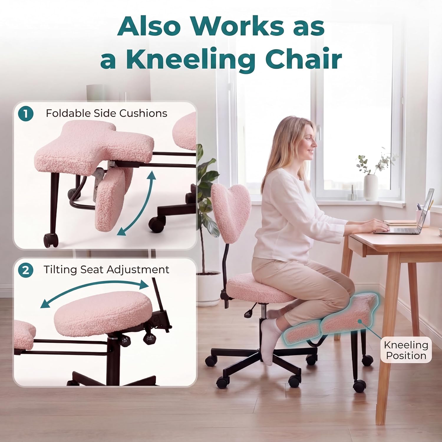Ergonomic Cross Legged Office Chair with Foot Rest for Kneeling Seating - Crisscross Desk Chair with Wheels for ADHD to Sit Cross Legged - Multi-Position Adjustable Seat with Back Support for Women