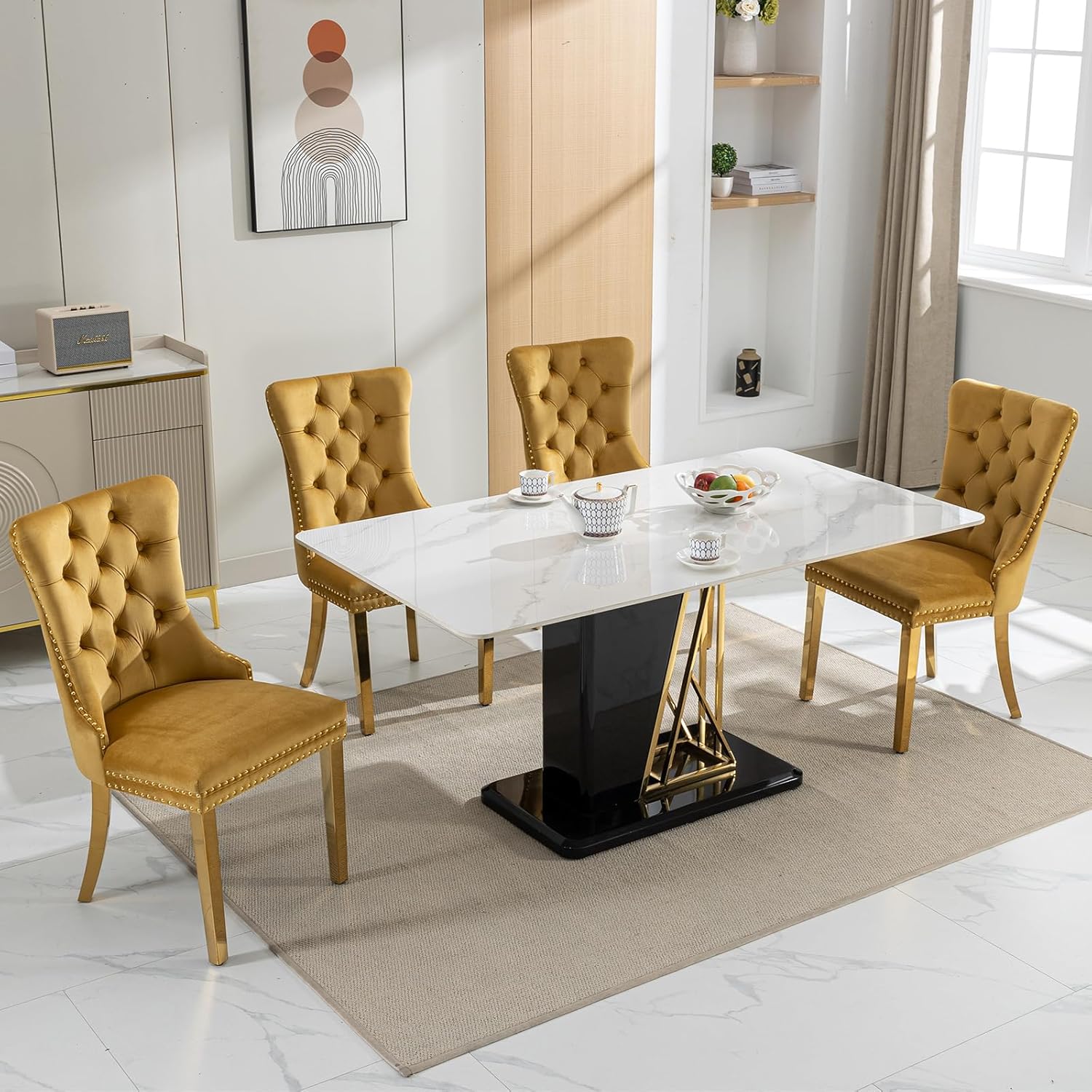 Luxury Upholstered Dining Chairs Set of 4, Yellow Kitchen Chair with Golden Metal Legs, Velvet Tufted Back Dining Chair, Sillas de Comedor, Modern Kitchen & Dining Room Chairs (Gold, 4 Pcs)