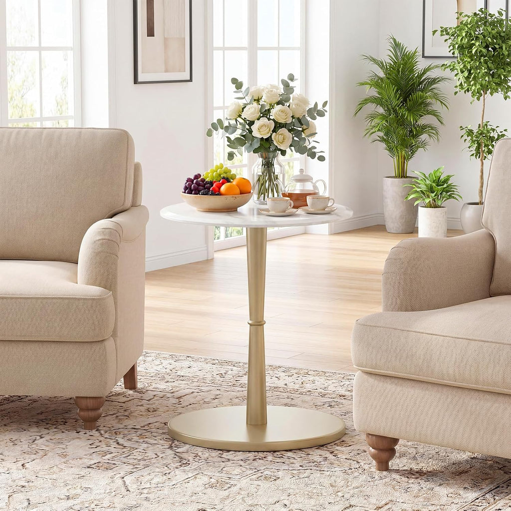 Giantex Round Marble Side Table, Modern Sofa Couch End Table w/Stone Finish & Wooden Pedestal, Coffee Drink Tables, Accent Bedside Night Stand for Bedroom Living Room Small Spaces (White & Gold,1)