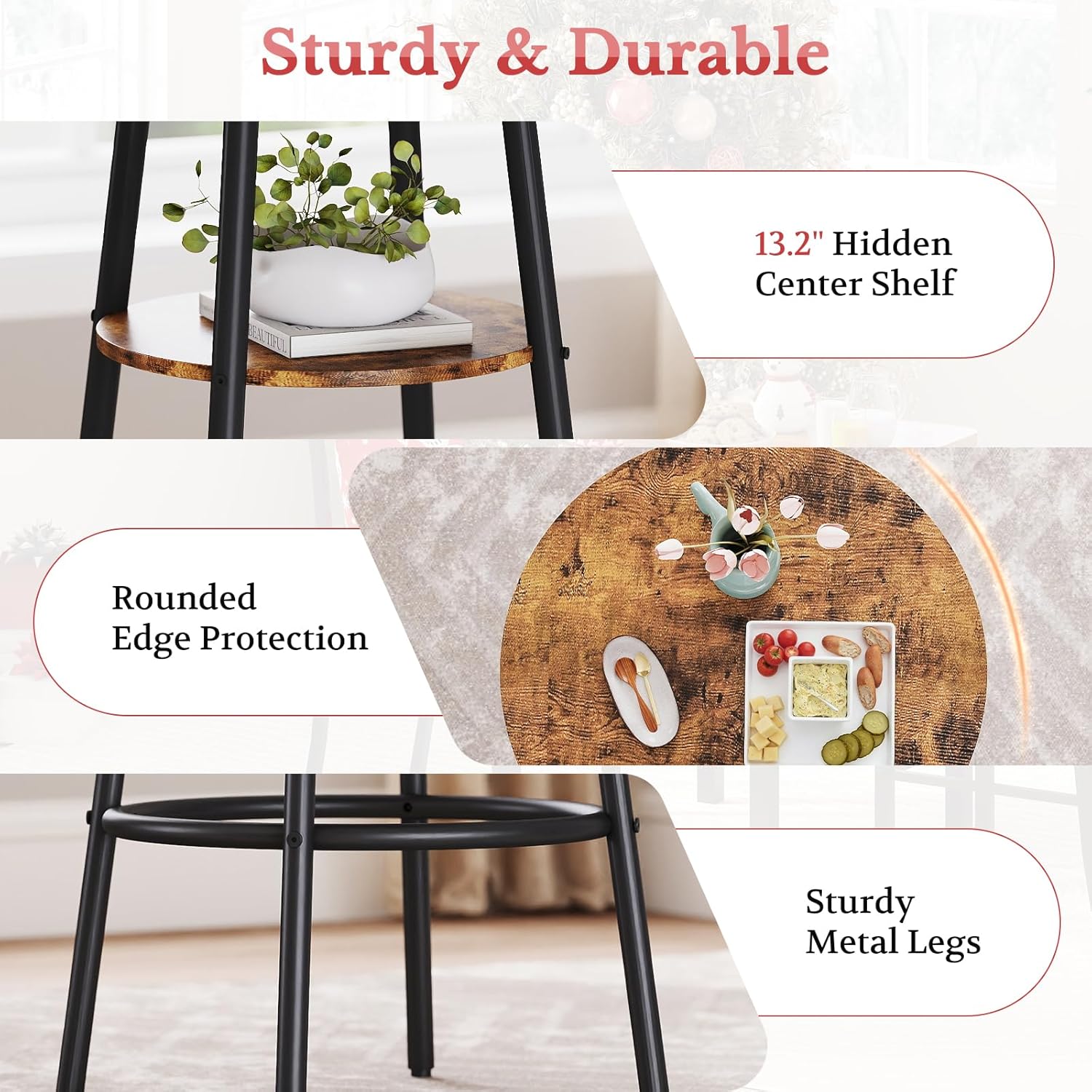 Kiivakii 3 Pieces Round Bar Table and Chairs Set, Breakfast Table, Kitchen Bar Table Set with 2 Ergonomic Cushion Bar Stools & Backrest, Hidden Storage Rack for Dining Room, Pub & Small Space, Brown