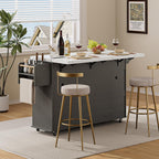 ONBRILL 60" Kitchen Island with Power Outlet & Drop Leaf, Rolling Island with Spice Rack & Towel Rack, Kitchen Island Cart with Trash Storage Cabinet, Island Table for Kitchen, Grey+Imitation Marble