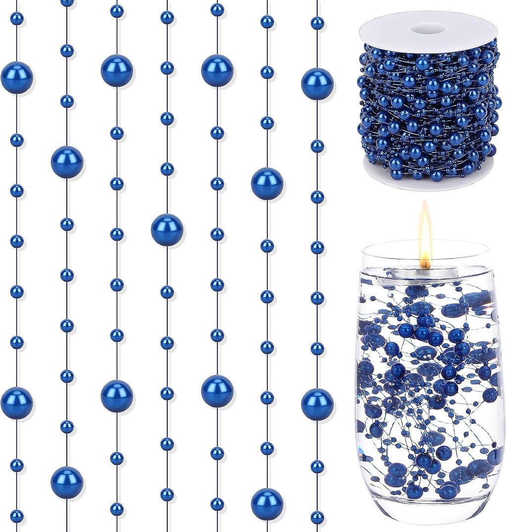 SUREAM 98 Feet Pearls String, Fishing Line Artificial Pearls String Beaded Wire for Craft, 3-8mm Faux Pearls Strand Roll for Flowers Wedding Christmas Decoration, Party Supplies(Blue