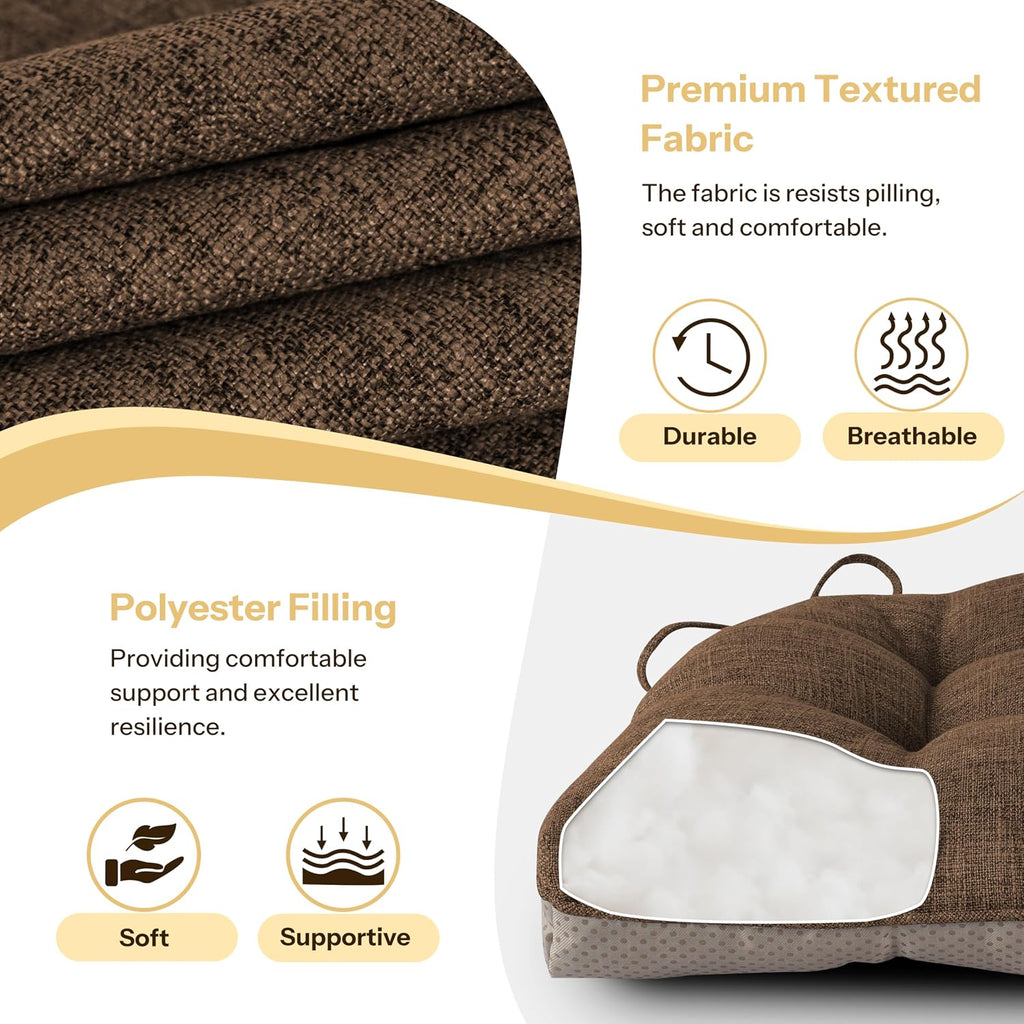 Chair Cushions for Dining Chairs 2 Pack, 18"x18"x3", Coffee | Non-Slip, Tufted, with Ties, Textured, Comfortable, for Kitchen, Dining Room, Home Offices, Living Room, Bars, Indoor