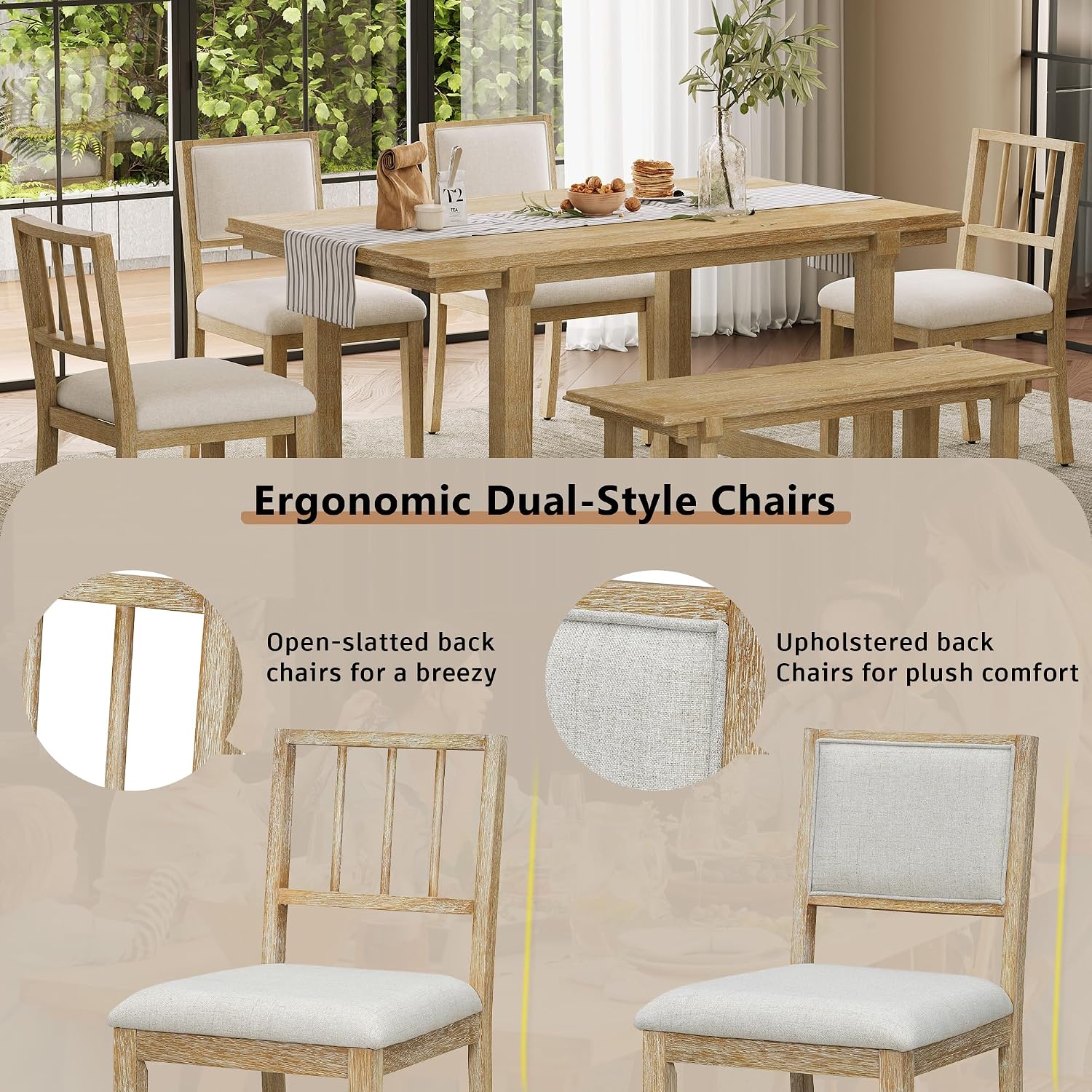 LUMISOL 6-Piece Dining Table Set for 6, Farmhouse Kitchen Table Set with 4 Upholstered Chairs with Bench, Solid Wood Table and Chairs Set for Kitchen, Dining Room, Natural Wood Wash+Beige