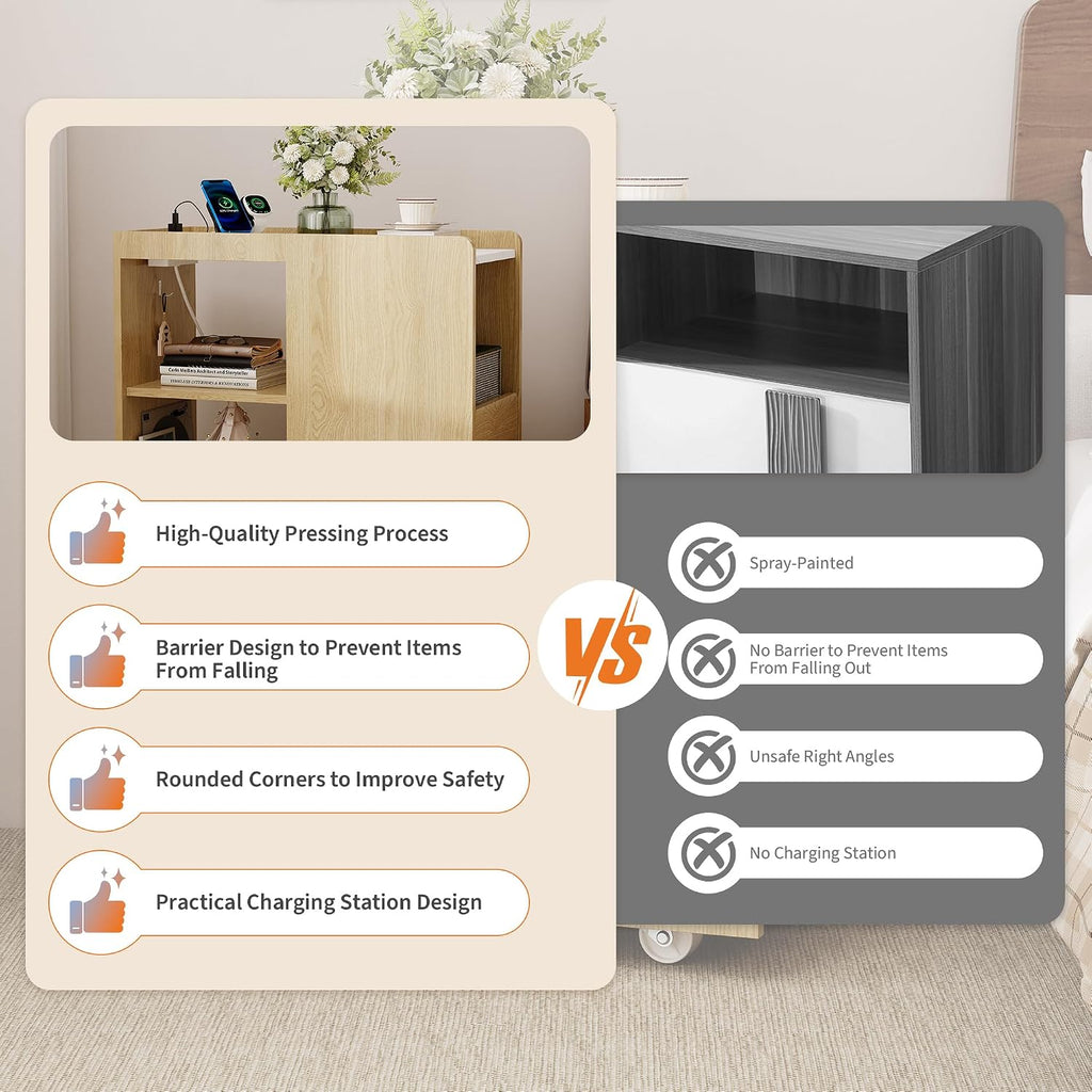 End Table with Charging Station, Mobile Side Table with Drawer, 3-Level Adjustable Shelf, 2 AC Outlets, Lockable Wheels, Nightstand for Living Room, Bed Room, Kitchen