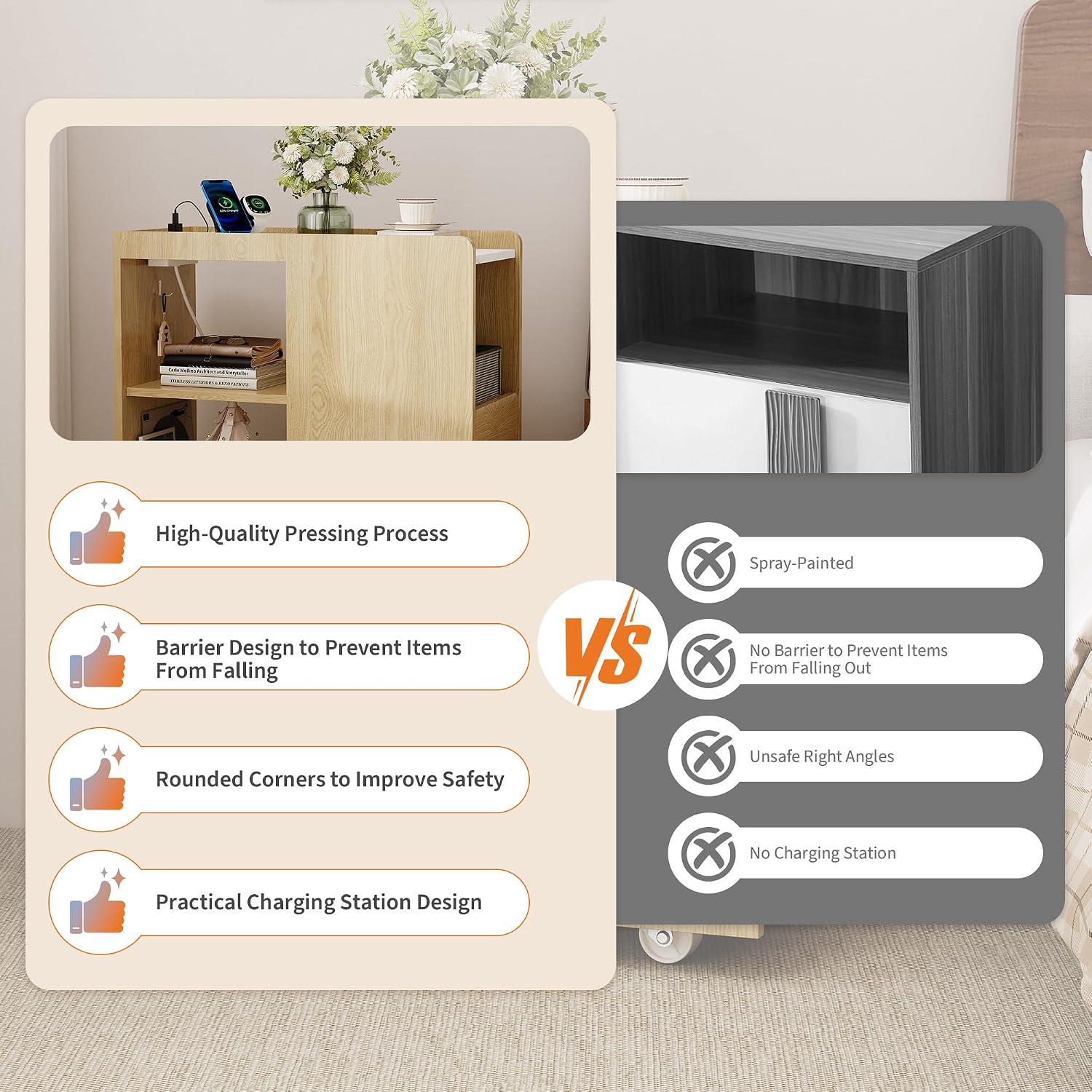 End Table with Charging Station, Mobile Side Table with Drawer, 3-Level Adjustable Shelf, 2 AC Outlets, Lockable Wheels, Nightstand for Living Room, Bed Room, Kitchen