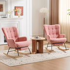 Furniliving Nursery Rocking Chair Armchair Upholstered Glider Rocking Chair Accent Chair with Retractable Footrest Reading Chair with High Backrest Solid Wood Base for Bedroom, Pink, Teddy, 2PCS