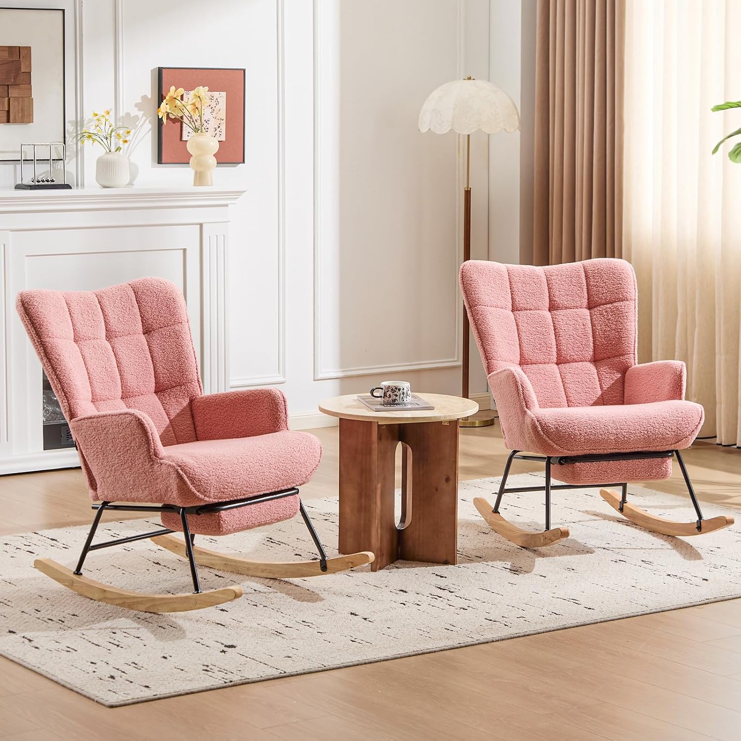 Furniliving Nursery Rocking Chair Armchair Upholstered Glider Rocking Chair Accent Chair with Retractable Footrest Reading Chair with High Backrest Solid Wood Base for Bedroom, Pink, Teddy, 2PCS
