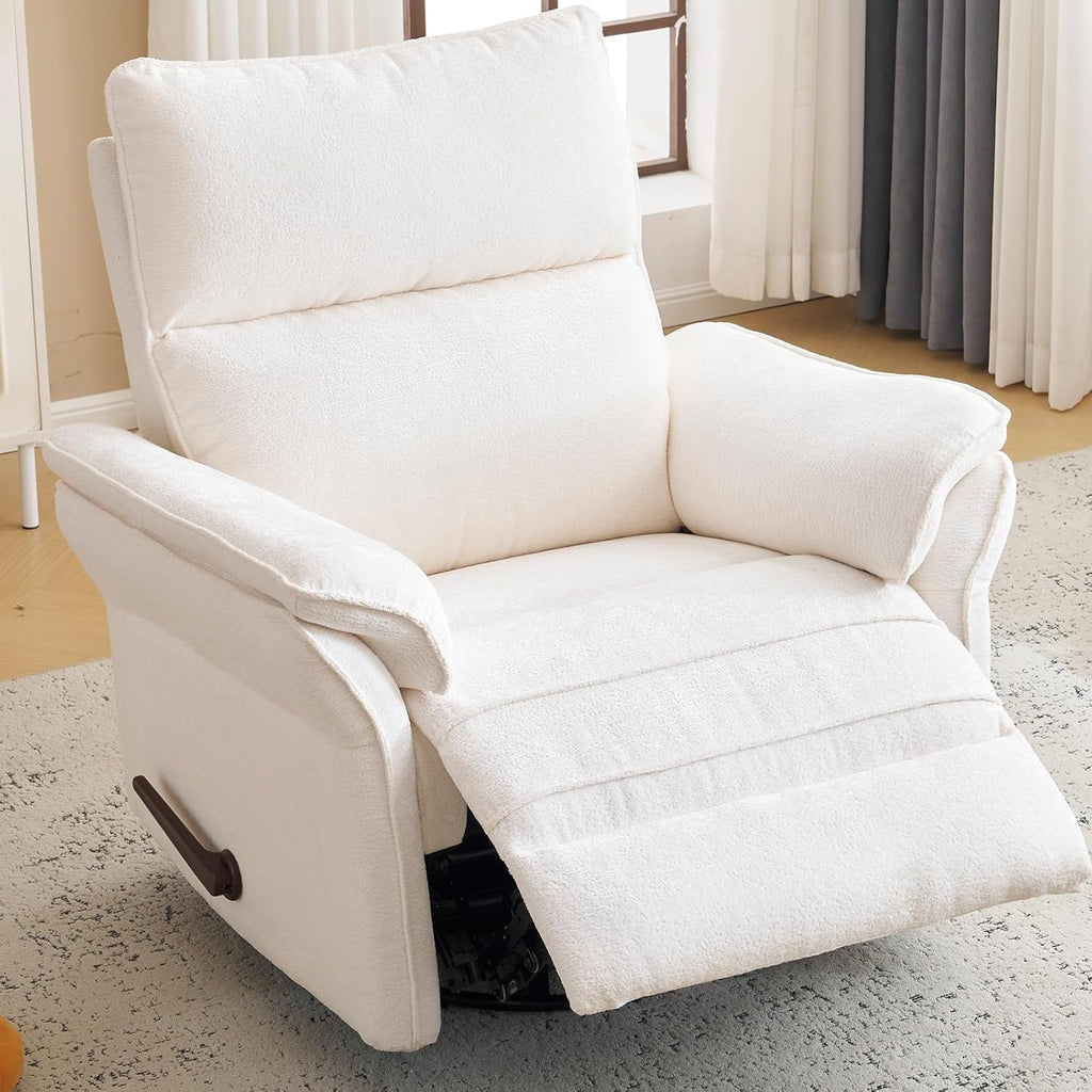 Swivel Rocker Recliner with Adjustable Headrest,Upholstered Glider Rocker Recliner with Overstuffed Armrest,Manual Recliner Nursery Chair for Living Room,White