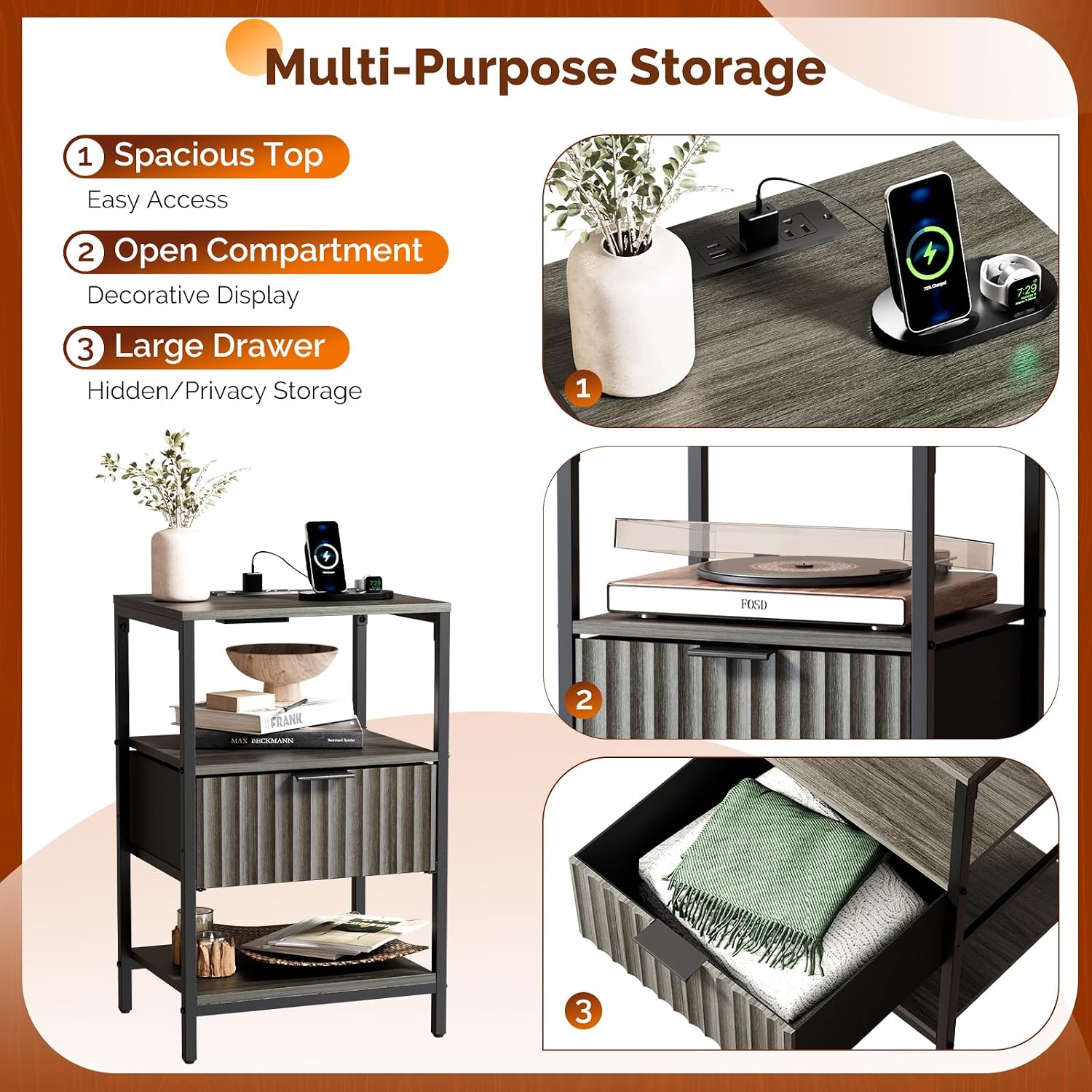 Bonnlo Fluted Nightstand Set of 2, End Table with Fabric Drawer with Charging Station, Night Stand with Storage Shelf & Handle, Fluted Side Table for Bedroom/Living Room,Grey