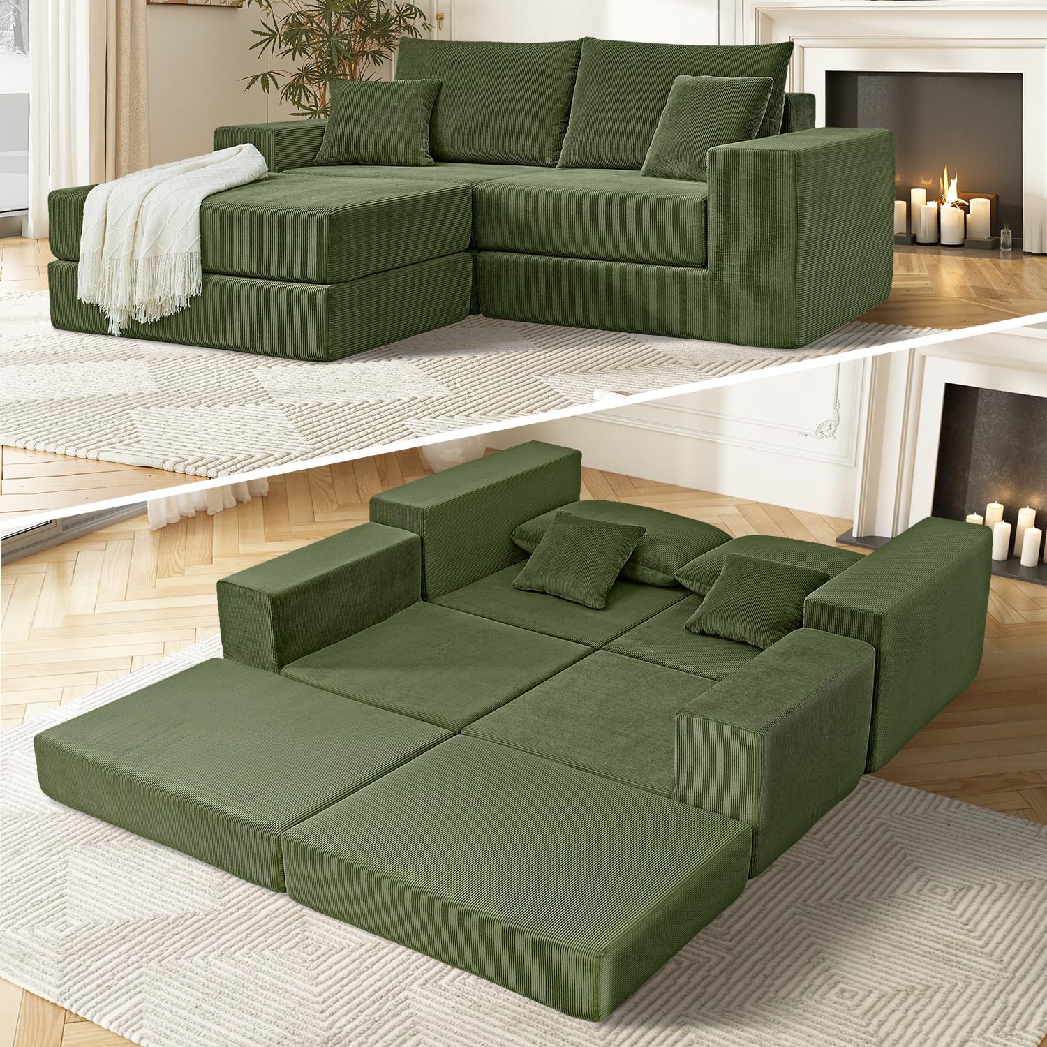 80" Sectional Couches for Living Room,Customizable Boneless Couch, Convertible Modular Sectional Sofa Bed, Plush Corduory Sleeper Sofa, Folding Futon L Shaped Couch No Assembly(Green)